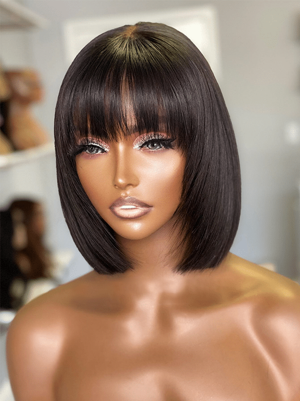 Minimalist Undetectable Lace Wig Silky Straight Bob Wig With Bangs