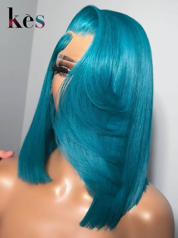 Keswigs 6x6 HD Lace Wigs Virgin Human Hair 200 Density Side Part Blunt Cut Bob Blue Color