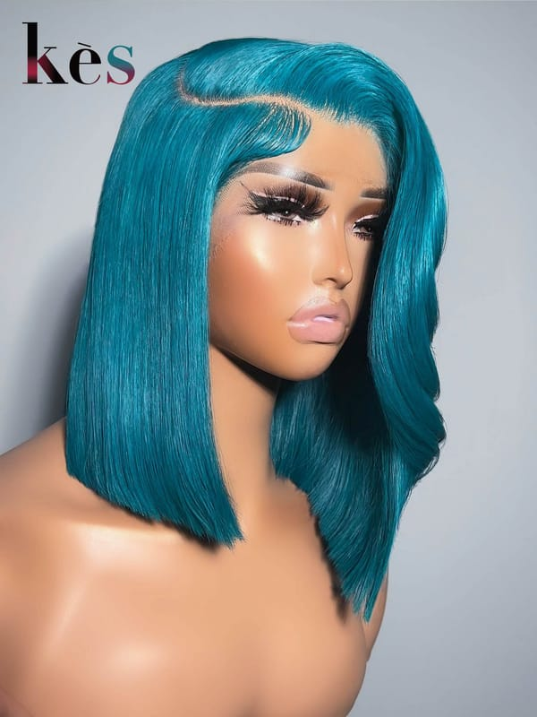 Keswigs 6x6 HD Lace Wigs Virgin Human Hair 200 Density Side Part Blunt Cut Bob Blue Color